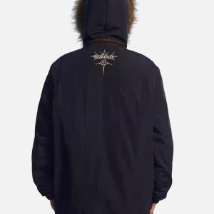 Concert Outfit Embroidered Fur Hooded Quilted Jacket