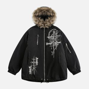Concert Outfit Embroidered Fur Hooded Quilted Jacket