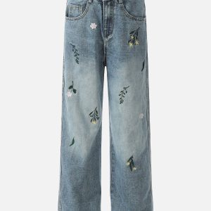 Concert Outfit Embroidery Flower Washed Jeans