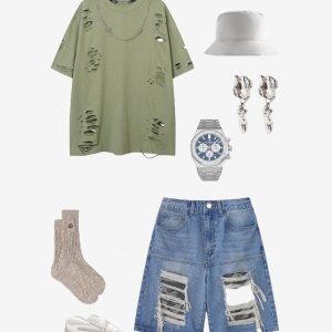 Concert Outfit Fake Hole Camouflage Patch Jorts
