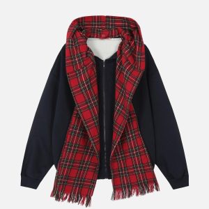Concert Outfit Fake Two Piece Plaid Scarf Hoodie