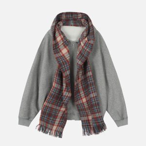 Concert Outfit Fake Two Piece Plaid Scarf Hoodie