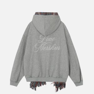 Concert Outfit Fake Two Piece Plaid Scarf Hoodie