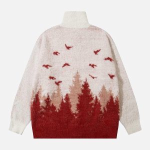 Concert Outfit Faux Mink Fur Forest Bird High Collar Zipper Sweater