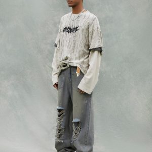 Concert Outfit Faux Two-Piece Distressed Woolen T-Shirt