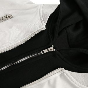 Concert Outfit Faux Two-Piece Multi Pocket Spliced Hooded Bomber Jacket