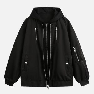 Concert Outfit Faux Two-Piece Multi Pocket Spliced Hooded Bomber Jacket