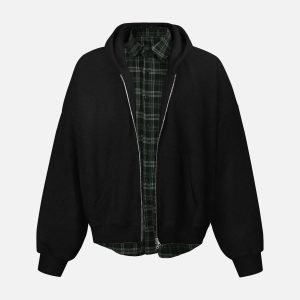 Concert Outfit Faux Two-Piece Plaid Fleece Hooded Jacket