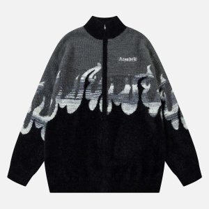 Concert Outfit Flame Embroidery Fuzzy Zipper Sweater