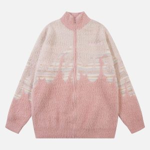 Concert Outfit Flame Embroidery Fuzzy Zipper Sweater