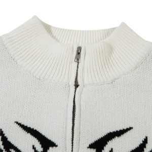 Concert Outfit Flame Faux Mink Fur Zip Up Mock Neck Sweater