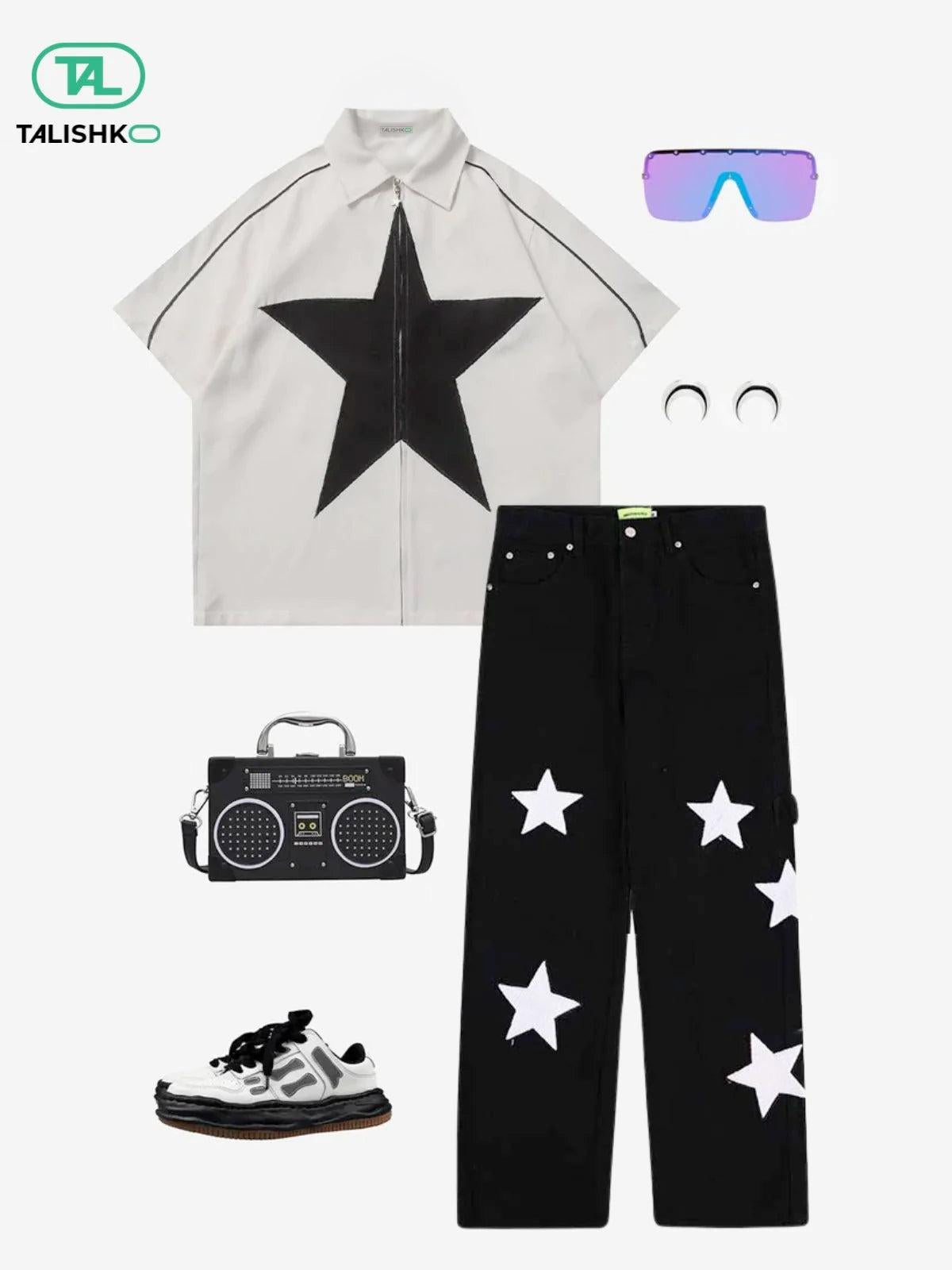 Concert Outfit Flocked Star Straight Jeans Concert Outfit Flocked Star Straight Jeans