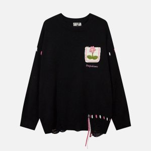 Concert Outfit Floral Embroidered Crew Neck Sweater