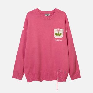 Concert Outfit Floral Embroidered Crew Neck Sweater