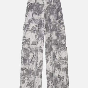 Concert Outfit French Loose Pocket Printed Mid-Rise Cargo Pants