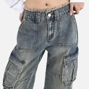 Concert Outfit Fringe Washed Multi Pocket Jeans