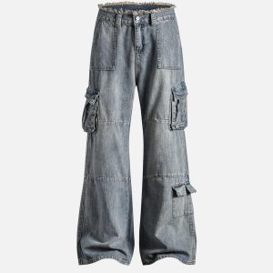 Concert Outfit Fringe Washed Multi Pocket Jeans