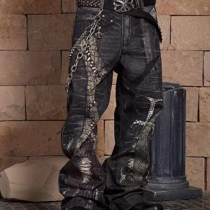 Concert Outfit Full Cross Stitching Leather Flare Jeans