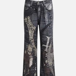 Concert Outfit Full Cross Stitching Leather Flare Jeans