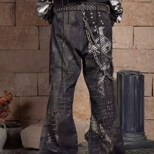 Concert Outfit Full Cross Stitching Leather Flare Jeans