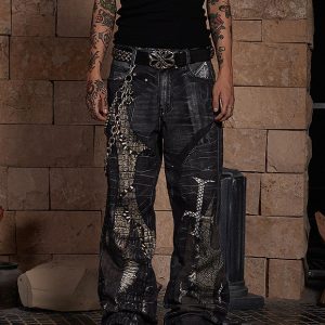 Concert Outfit Full Cross Stitching Leather Flare Jeans