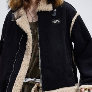 Concert Outfit Fur Collar Zip Up Sherpa-Lined Jacket
