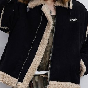 Concert Outfit Fur Collar Zip Up Sherpa-Lined Jacket