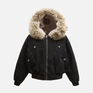 Concert Outfit Fur Lined Zip Up Hooded Bomber Jacket