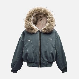 Concert Outfit Fur Lined Zip Up Hooded Bomber Jacket