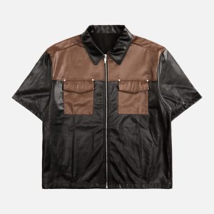 Concert Outfit Gangster Rap Patchwork Contrast Leather Shirt