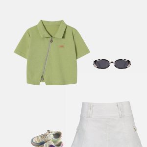 Concert Outfit Geometric Zip Up Crop Tee