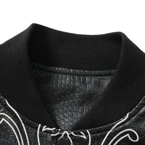 Concert Outfit Gothic Cross Embroidery Crocodile Leather Bomber Jacket