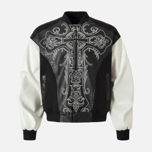 Concert Outfit Gothic Cross Embroidery Crocodile Leather Bomber Jacket