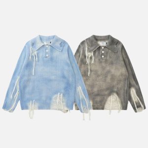 Concert Outfit Gradient Distressed Polo Sweater