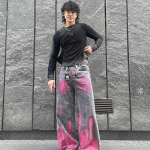Concert Outfit Graffiti Distressed Washed Baggy Jeans