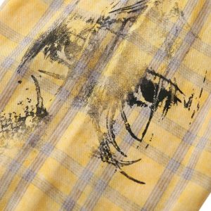 Concert Outfit Graffiti Letter Print Long Sleeve Plaid Polo Shirt