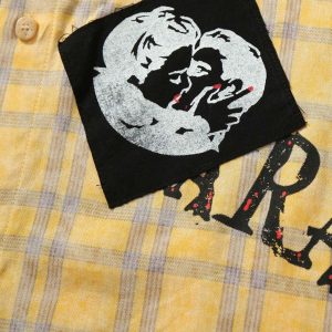 Concert Outfit Graffiti Letter Print Long Sleeve Plaid Polo Shirt