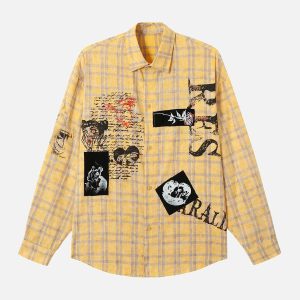 Concert Outfit Graffiti Letter Print Long Sleeve Plaid Polo Shirt