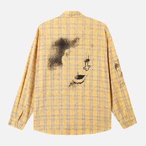 Concert Outfit Graffiti Letter Print Long Sleeve Plaid Polo Shirt