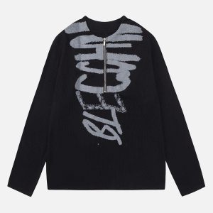 Concert Outfit Half Zip Crew Neck Printed Knitted Sweater