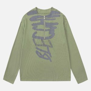 Concert Outfit Half Zip Crew Neck Printed Knitted Sweater