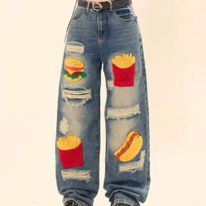 Concert Outfit Hamburger French Fries Ripped Jeans
