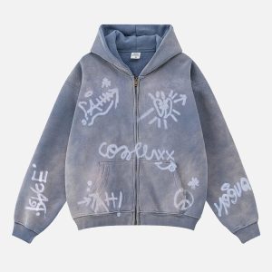 Concert Outfit Hand-Drawn Graffiti Washed Thick Hoodie