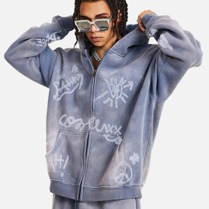 Concert Outfit Hand-Drawn Graffiti Washed Thick Hoodie