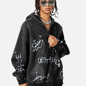 Concert Outfit Hand-Drawn Graffiti Washed Thick Hoodie