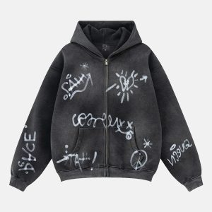 Concert Outfit Hand-Drawn Graffiti Washed Thick Hoodie