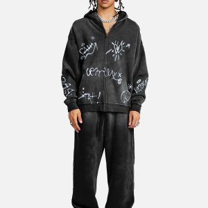 Concert Outfit Hand-Drawn Graffiti Washed Thick Hoodie