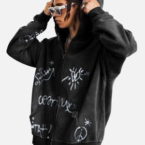 Concert Outfit Hand-Drawn Graffiti Washed Thick Hoodie