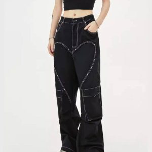 Concert Outfit Heart Rivet Multi-Pocket Jeans
