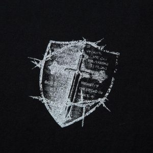 Concert Outfit Heavy Cotton Washed Cross Shield Print T-Shirt